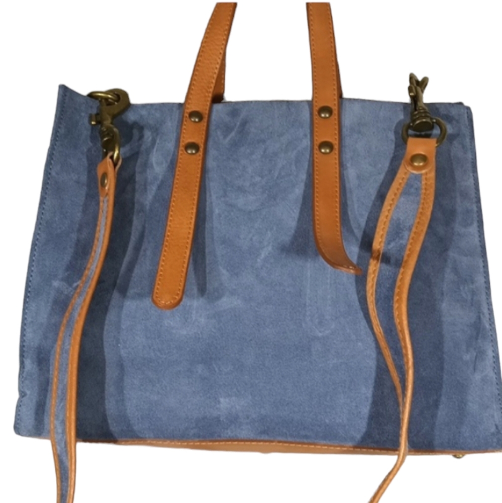 Sundance Made In Italy Suede Large Denim Tote Bag  Leather Straps - Picture 3 of 17